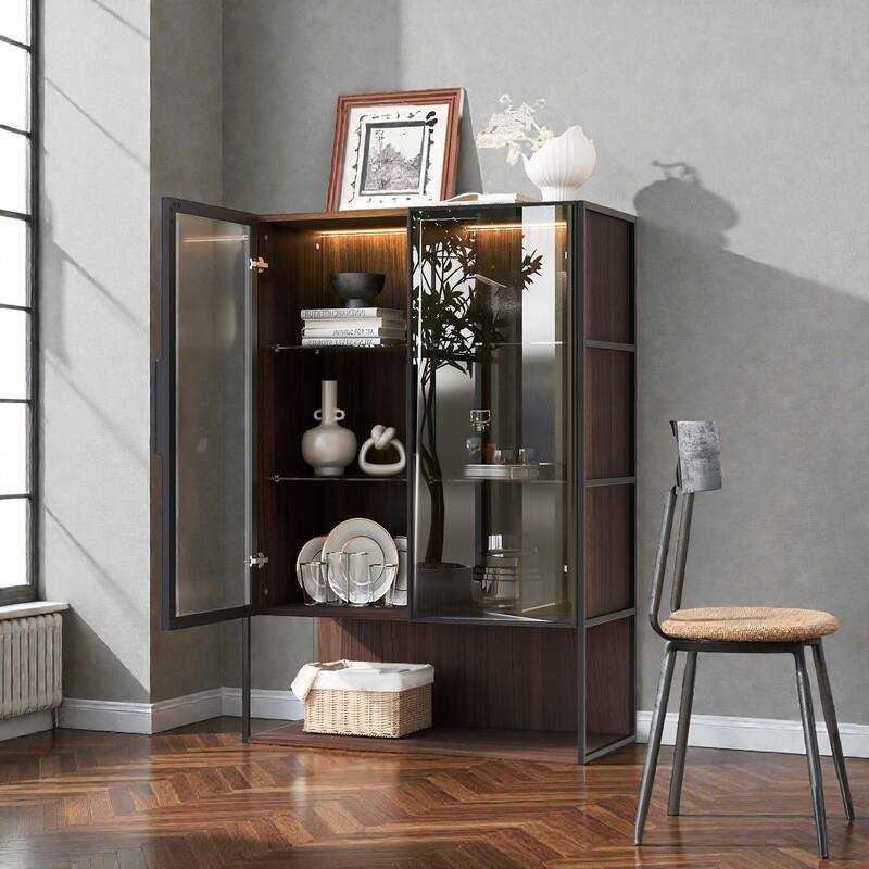 51.2'' Lighted Display Cabinet with Glass Doors, 4-Tier Adjustable Tempered Shelves & Metal Frame for Living Room or Kitchen