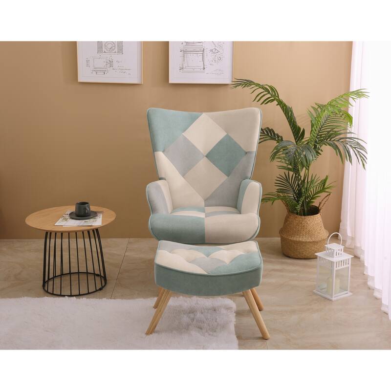 Accent Chair with Ottoman, Living Room Chair and Ottoman Set, Comfy Side Armchair for Bedroom, Creative Splicing Cloth Surface