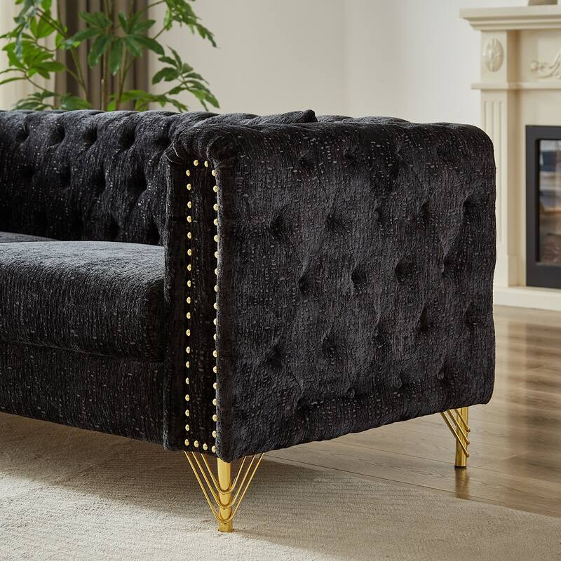 Chesterfield 60-Inch Chenille Sofa with Nailhead Trim and Metal Legs, Classic Button-Tufted Couch