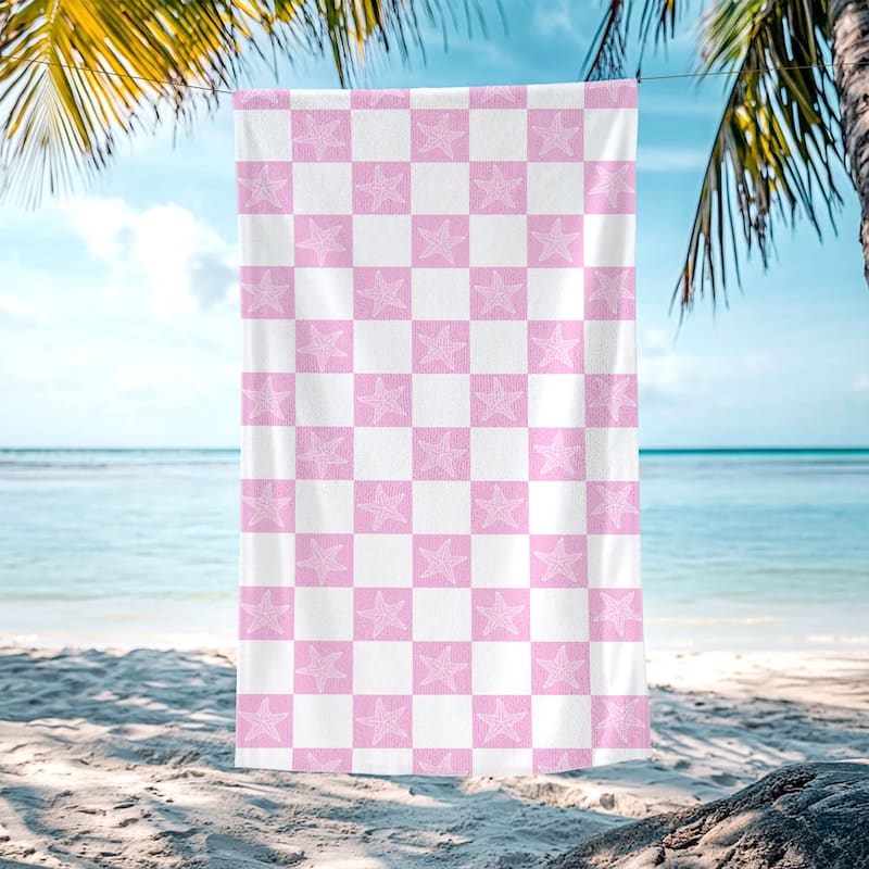 Starfish Checkered Beach Towel, Lightweight Quick Dry Swimming Towel 30"x60" - Pink