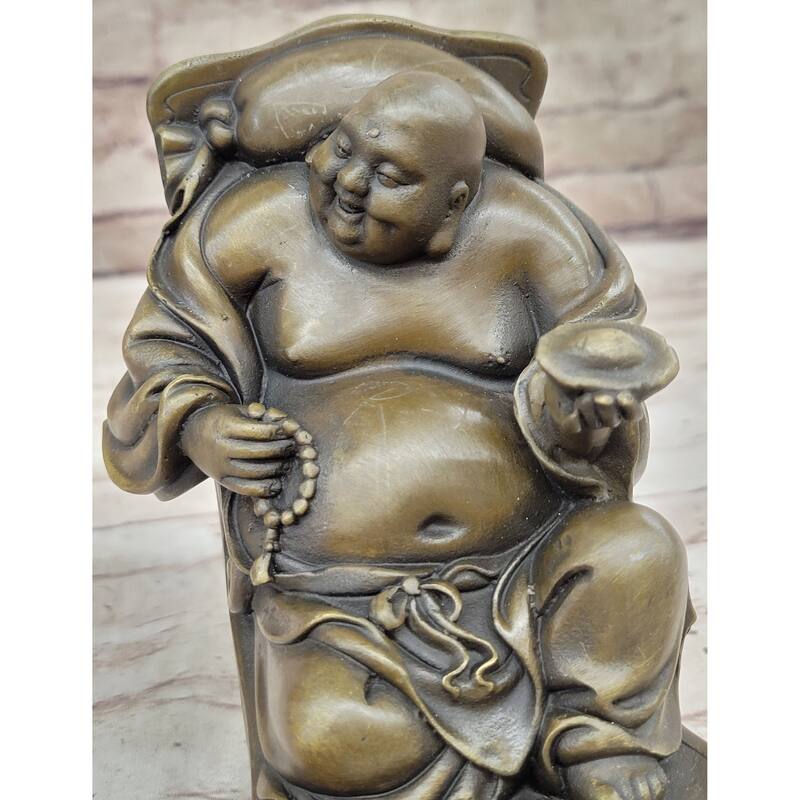Laughing Buddha On Rocking Chair Bronze Figurine Statue Sculpture Original Art