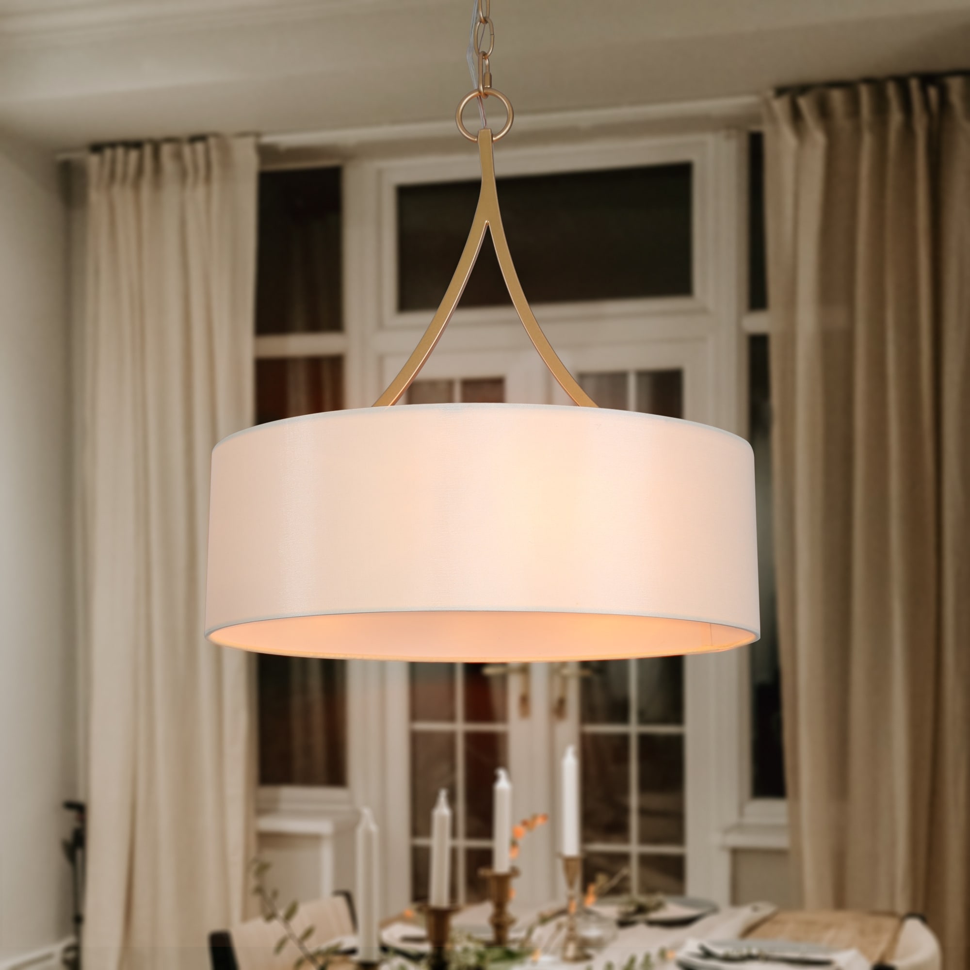Modern Farmhouse 3-Light Gold Drum Fabric Shaded Dining Chandelier Eclectic Foyer Pendant - 17.5" D x 19" H