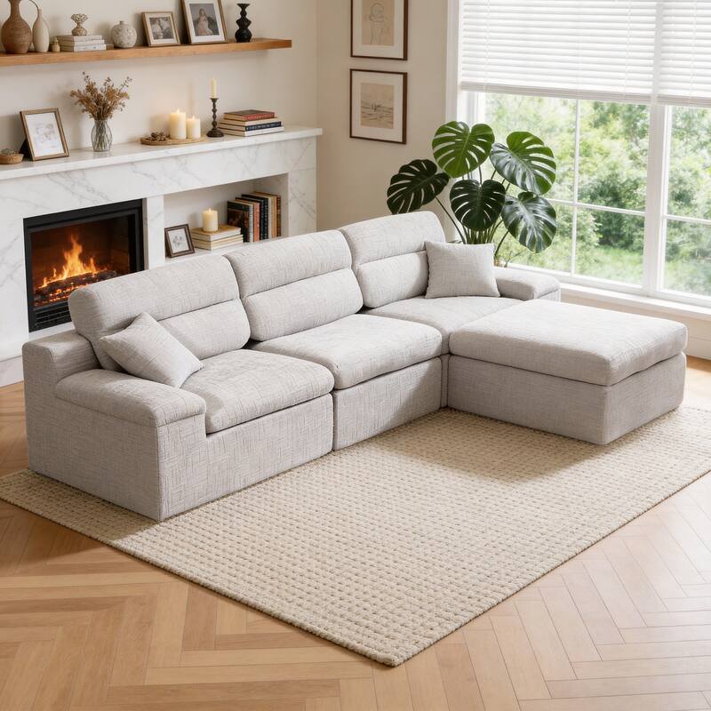 111" L-Shaped Slub Chenille Sofa with High Backrest, No Assembly Required - Light Grey