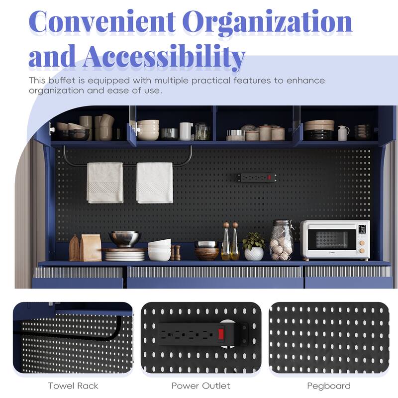 Roomfitters 63 Inch Large Kitchen Buffet with Hutch and Power Outlet, Coffee Bar Cabinet with Pegboard, Blue