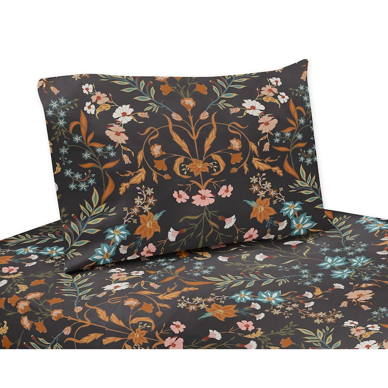 Sweet Jojo Designs Boho Wildflower Vintage Floral Girl 4p Queen Sheet Set Black Orange Teal Bohemian Farmhouse Cottagecore Leaf