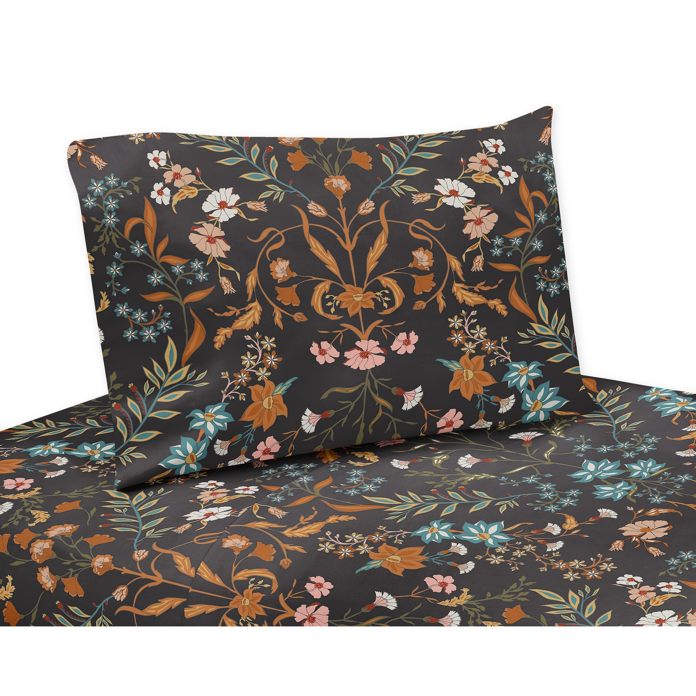 Sweet Jojo Designs Boho Wildflower Vintage Floral Girl 4p Queen Sheet Set Black Orange Teal Bohemian Farmhouse Cottagecore Leaf