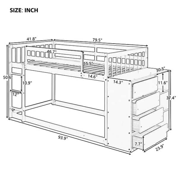 dimension image slide 1 of 2, Floor Bunk Bed with Movable Storage Cabinet, Solid Wood Bunkbeds Frame