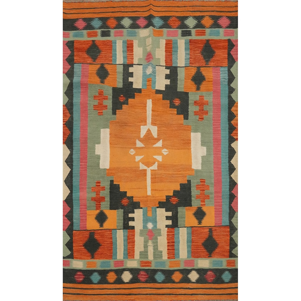 Hand Woven Oriental 100% Wool Carpet Southwestern Tribal Oranges & Rust Kilim Area Rug - 8' 5'' X 5' 0''