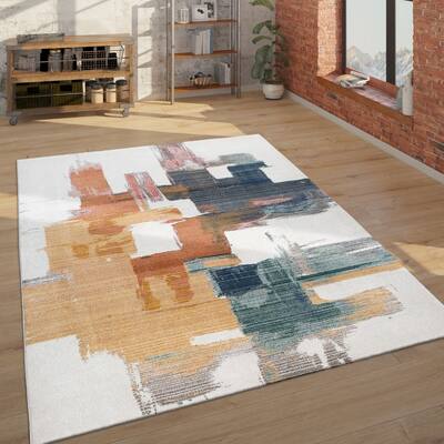 Modern Designer Rug with colorful Art-Works, abstract in cream