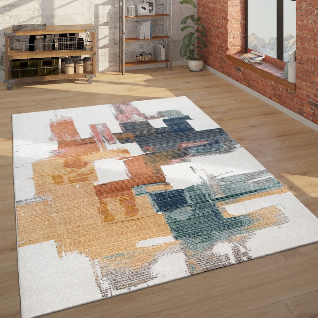 Modern Designer Rug with colorful Art-Works, abstract in cream