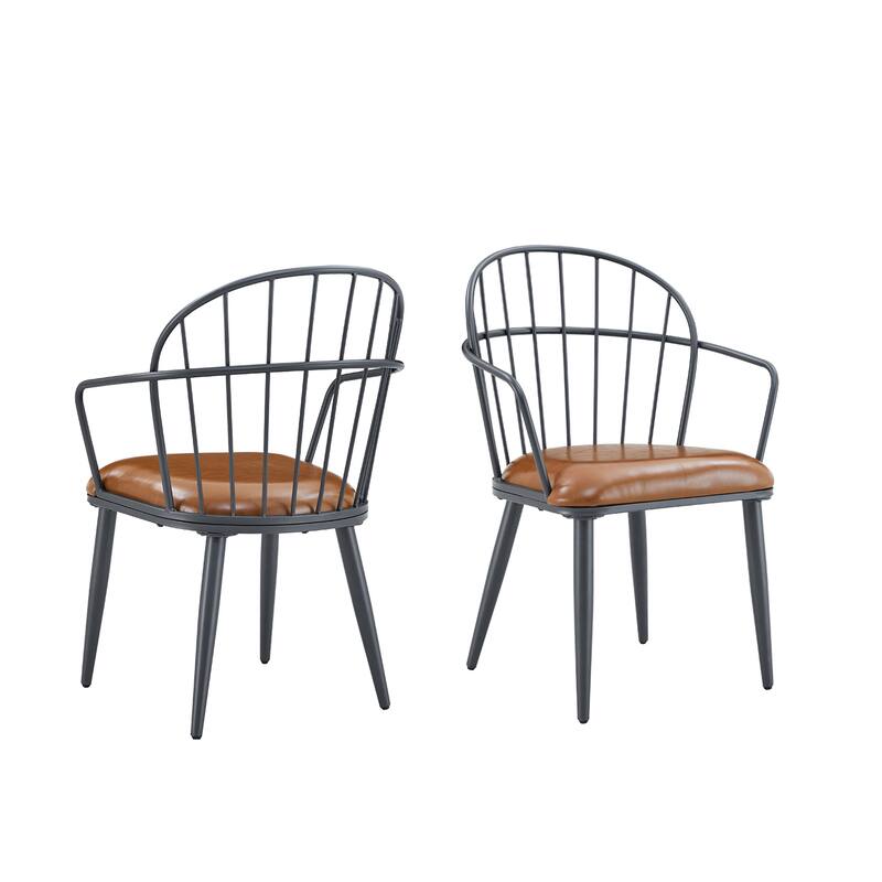 Roomfitters Industrial PU Leather Dining Chairs with Metal Sled Base, Brown and Black Set of 2
