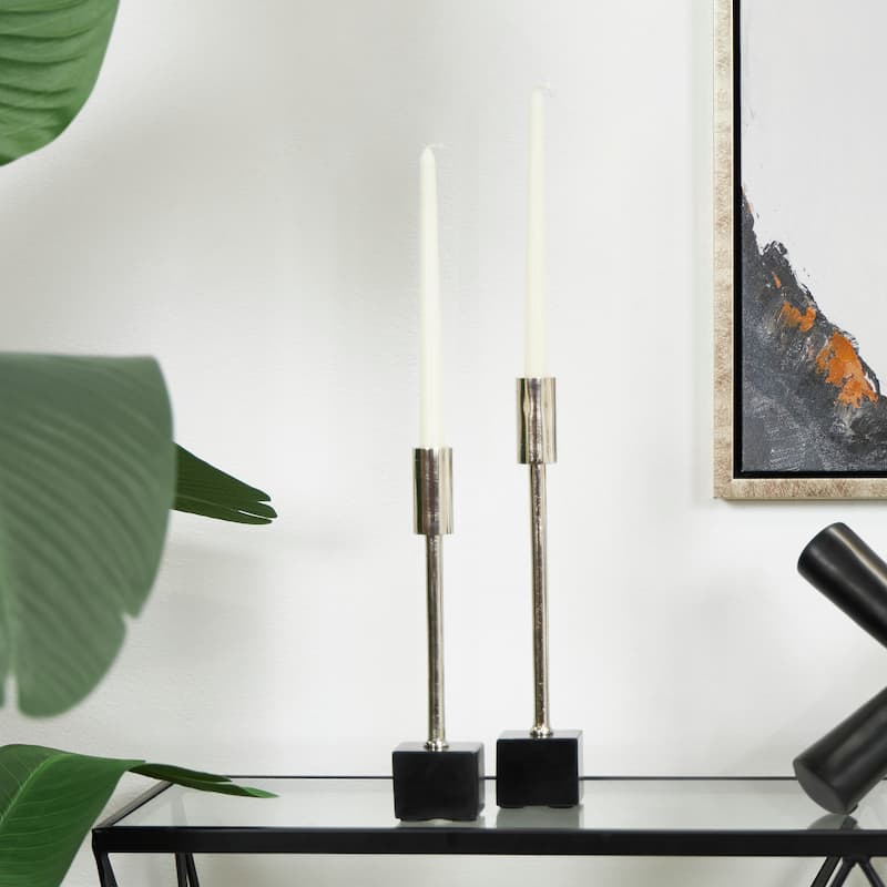 Silver or Black Aluminum Slim Candle Holder with Black Block Bases (Set of 2)