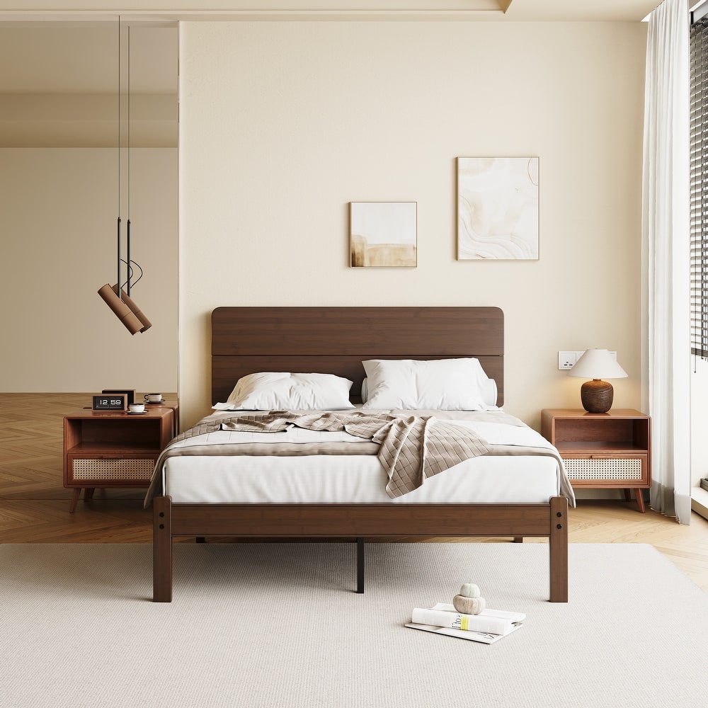 Walnut-colored solid wood and bamboo bed frame with headboard, easy to assemble, no box springs required