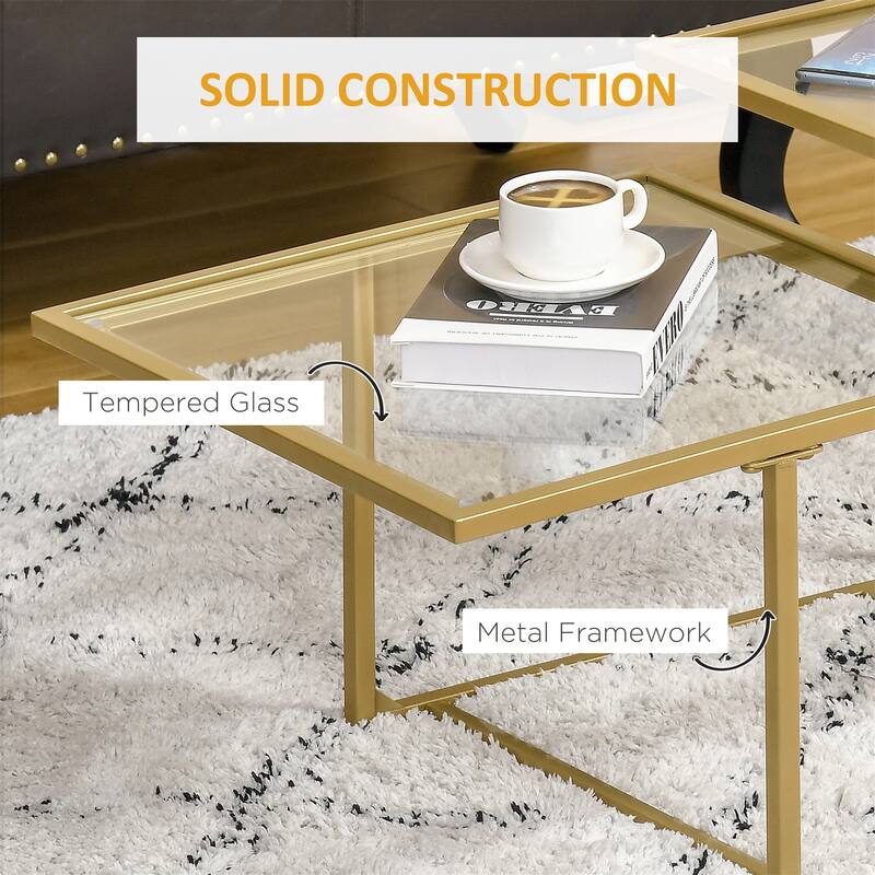 Tempered Glass Coffee Table with 2 Square Tabletops