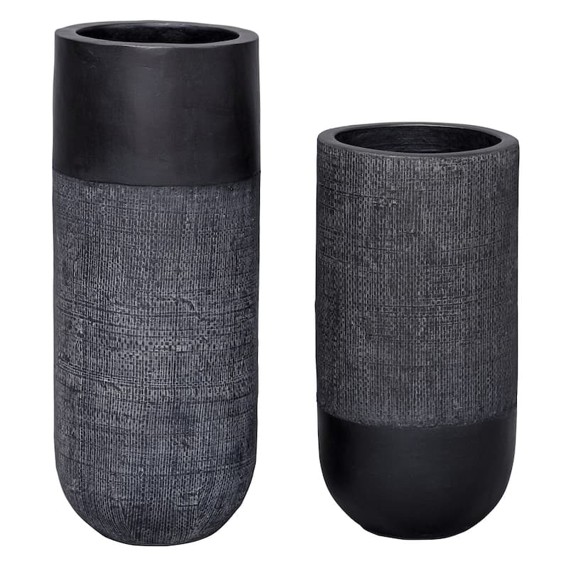 Woven Shadow Terracotta Vases - 15.25" - Black - Set of 2