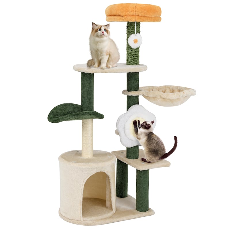 Green Beige 45 Inch Multi-Level Cat Tree with Hammock Condo and Scratching Posts