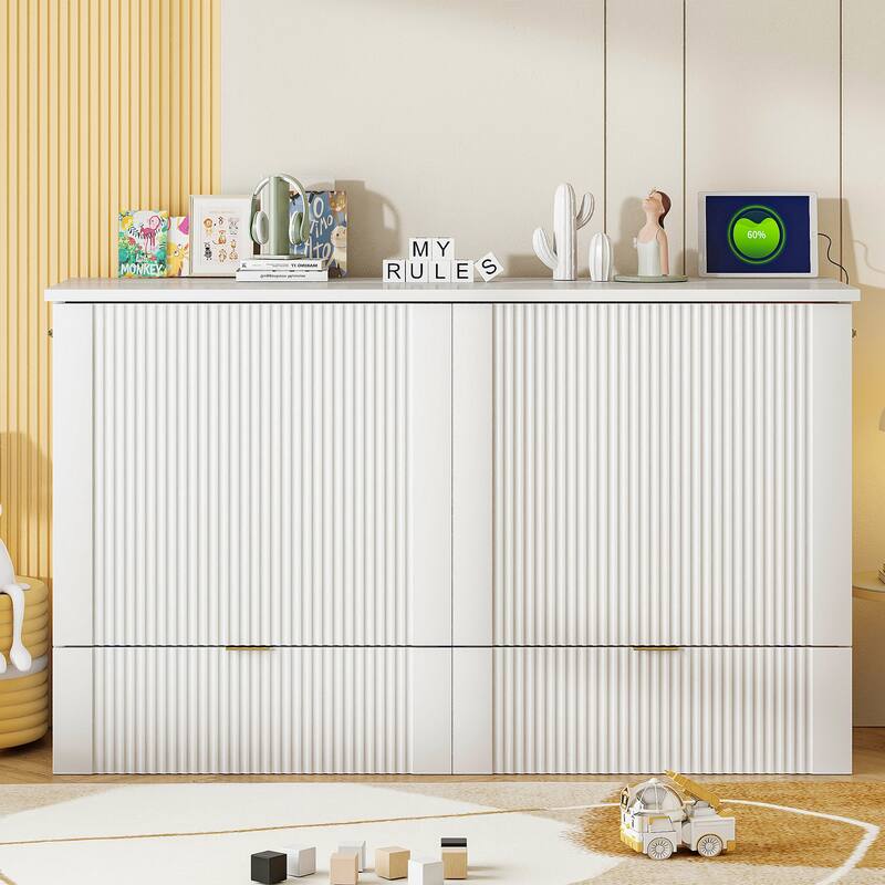 Space-Saving Queen Size Murphy Bed with Drawer, USB Ports, and Pulley Mechanism, Convertible Wall Bed with Flexible Slats