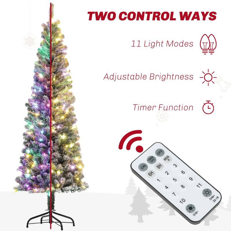 6/7.5/9FT Pre-Lit Flocked Pencil Artificial Christmas Tree with Dual Color LED Lights & Metal Stand