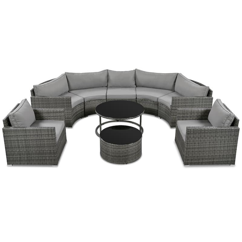 9-Piece Curved Outdoor Wicker Sectional Sofa Set with Overlapping Coffee Tables, Cushions, Modular Half-Moon Design
