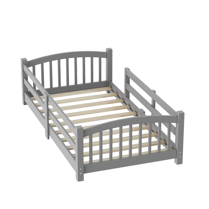 Montessori Floor Bed with Fence - Full/Twin Solid Wood, Slats & Safety Guardrails, Easy Assemble