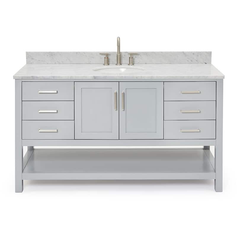 Ariel S061SCW2OVO Magnolia 60" Free Standing Single Basin Vanity Set - Grey / Carrara White Top - Steel Finish