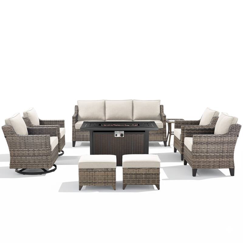 Glissia 9-Piece Gray Wicker Fire Pit Conversation Set with Wicker fire pit