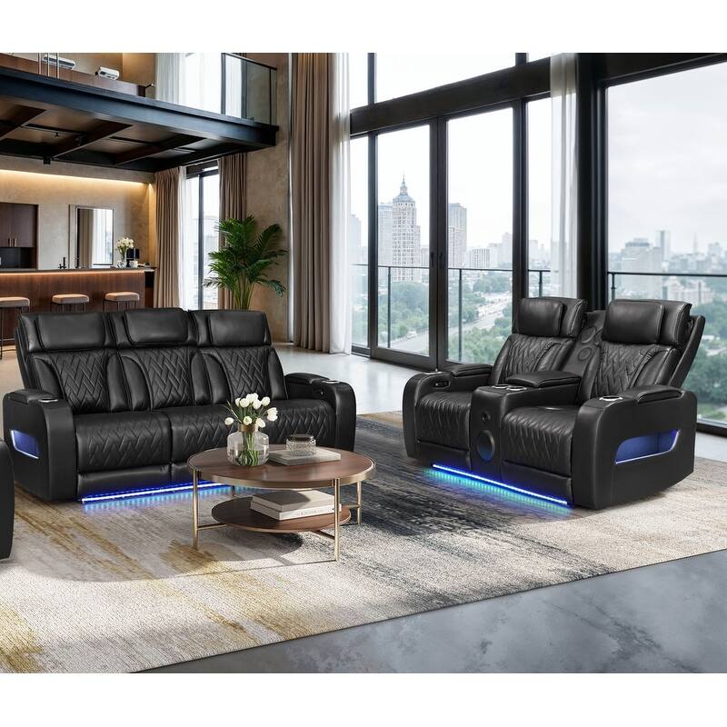 Jazz Leather Aire Pwr Reclining Sofa & Loveseat Set w/Pwr Headrest, BT Spkrs, LED, Wireless Chrg Drop Tbl, USB, Strg & Cuphldrs
