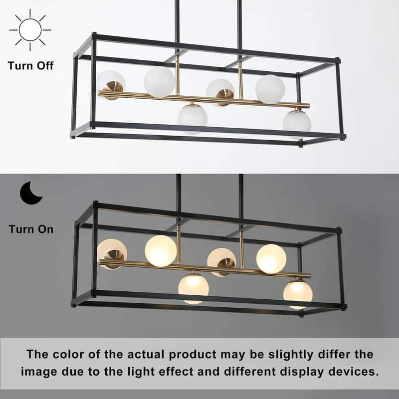Modern LED Black Gold Chandelier 6-Light Rectangle Island Lights for Dining Room - 34" L