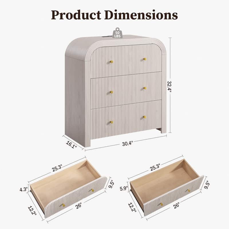 Modern Fluted 3 Drawers Dresser, Rounded Corner Chest of Drawers