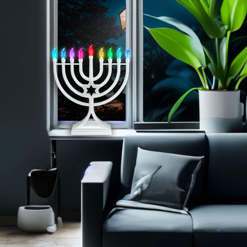 LED Glow Color Changing Hanukkah Menorah - 13" - Pearl White