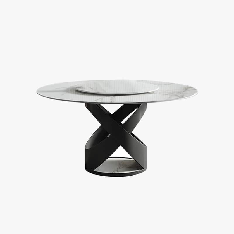 Modern Round White Glossy Dining Table with Sintered Stone Tabletop and Black X Carbon Steel Base