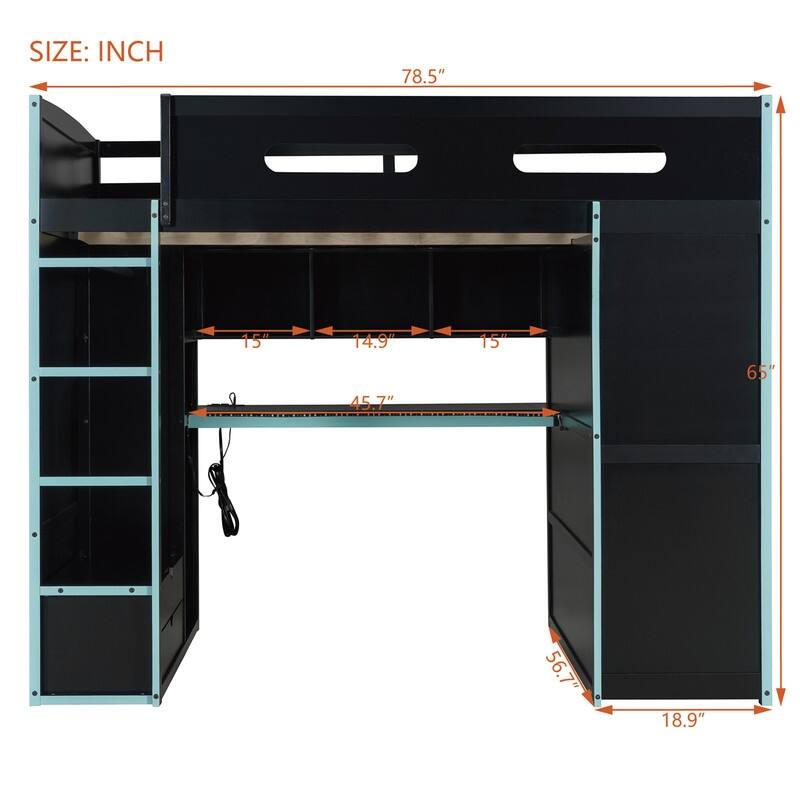 Full Size Gaming Loft Bed with Bulit-in Desk and Wardrobe, Wooden Loft Bedframe with RGB LED Light and Storage Drawers