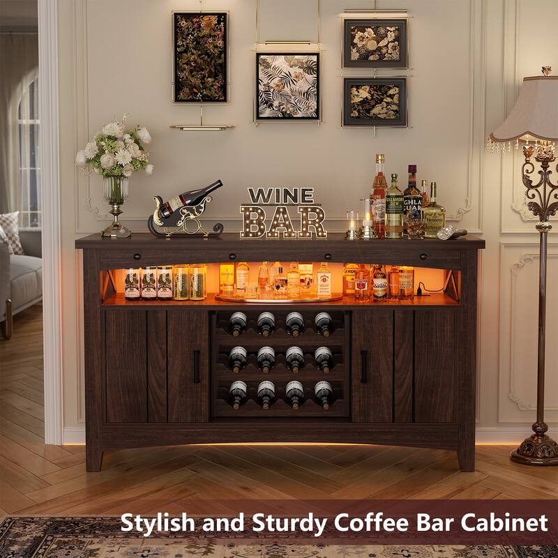 Farmhouse 47" Wine Bar Cabinet with Power Outlets & LED Lights, Industrial Coffee Bar Liquor Cabinet with Shelves & Wine Rack