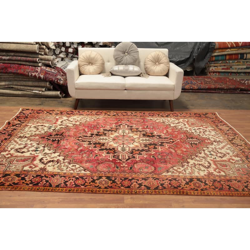 Hand Knotted Oriental 100% Wool Carpet Traditional Medallion Red Heriz Area Rug - 9' 5'' X 6' 6''