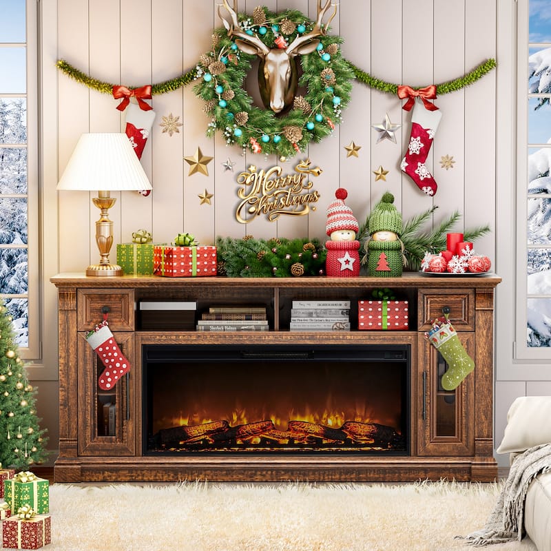 Fireplace TV Stand for 80" TV, Entertainment Center with LED Lights