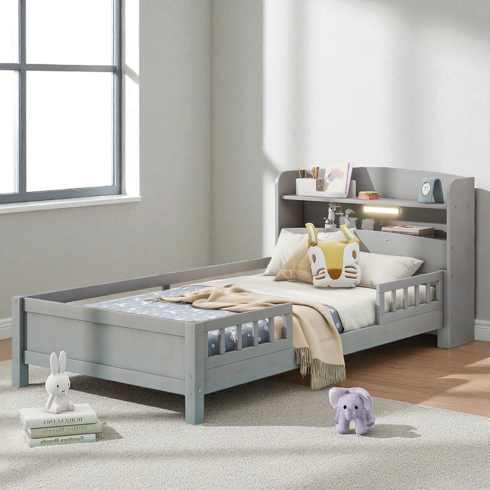 Twin/Full Size Wood Platform Bed with LED Light, Storage Headboard and Guardrail, No Box Spring Needed