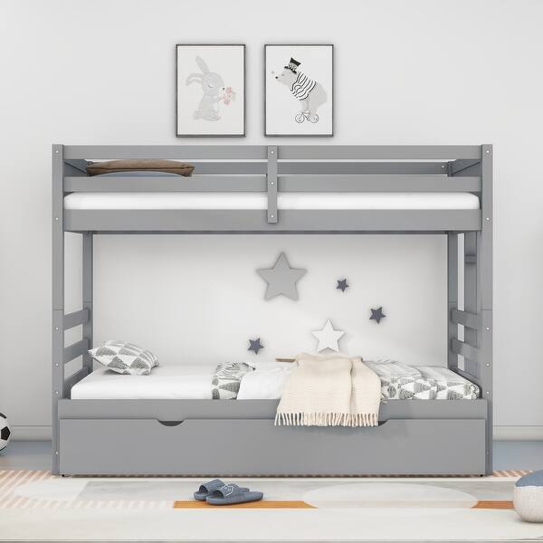 slide 2 of 9, Gray Twin Over Pull-out Bunk Bed with Trundle, Convertible, Guardrail Gray