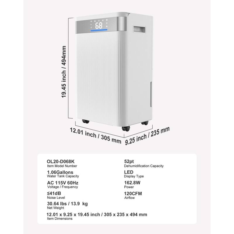 White 52Pt Dehumidifier with LED Display, Quiet 120CFM Airflow - 12.01 x 9.25 x 19.45 inch