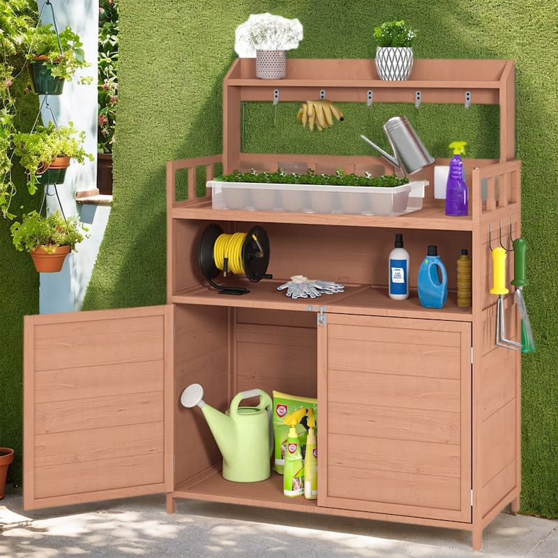 Versatile Potting Bench Outdoor Gardening Table, Wood Planting Workstation with Cabinet & Shelf - 55.12“H - Orange
