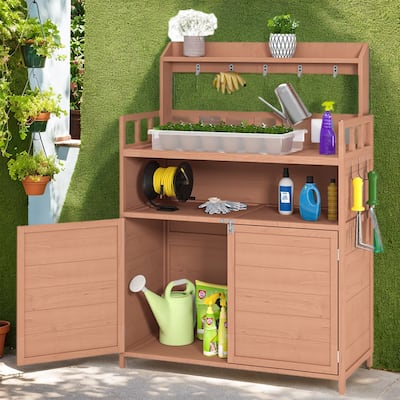 Versatile Potting Bench Outdoor Gardening Table, Wood Planting Workstation with Cabinet & Shelf - 55.12“H