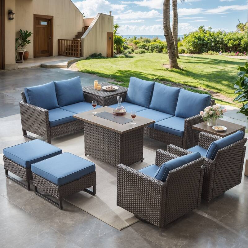 Patio Conversation Set 9 Piece with Propane Fire Pit Table - Blue - Brown