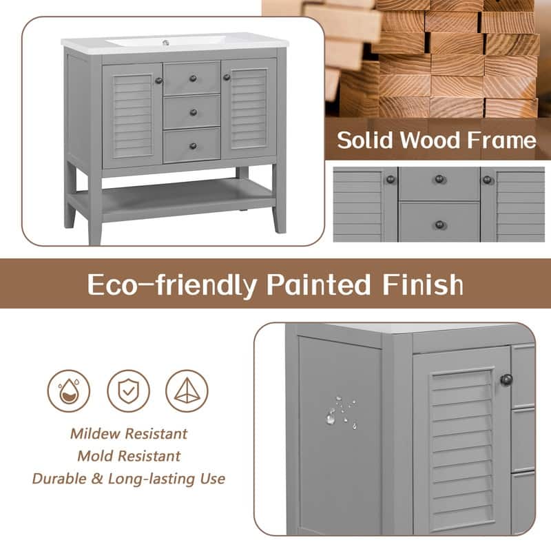 36" Bathroom Vanity with/without Sink, Bathroom Vanity Cabinet with 2 Cabinets and Drawers, Open Shelf, Solid Wood Frame