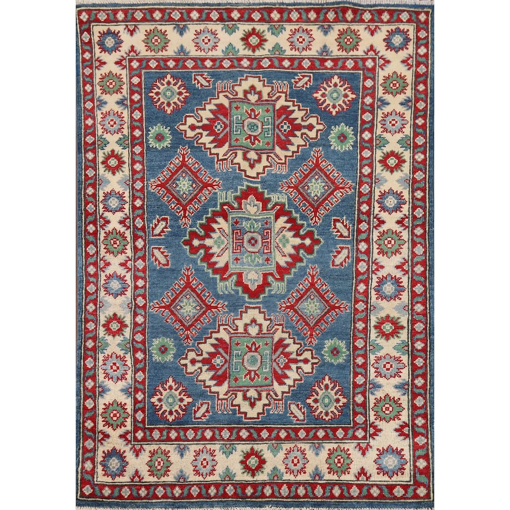 Blue Kazak Accent Rug Handmade Wool Carpet - 3'4" x 4'10"