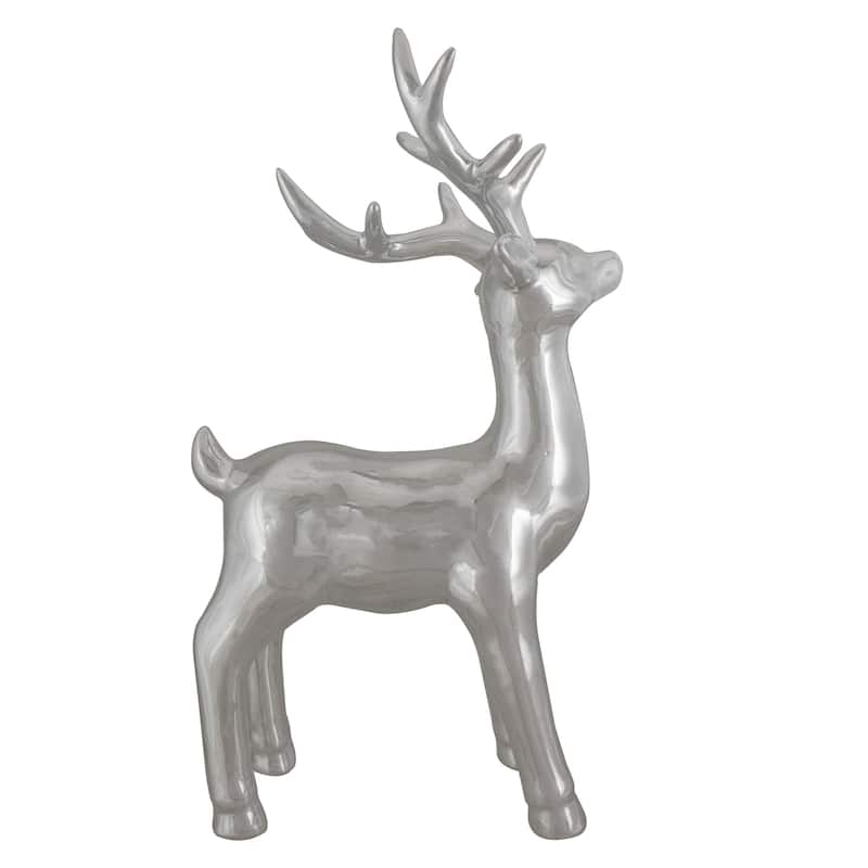 Shiny Ceramic Standing Reindeer Christmas Decoration - 14" - Silver