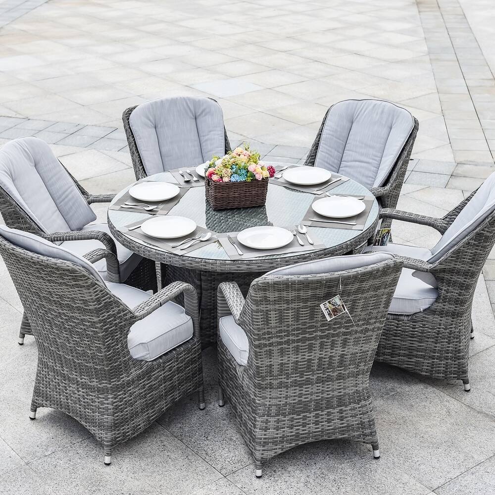 Abrihome 7-piece Outdoor Wicker Dining Table Set with 6 Eton Chairs