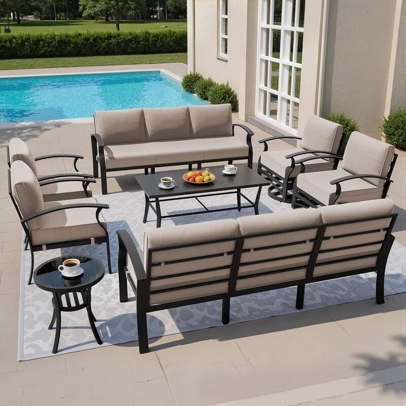 Kullavik Aluminum Outdoor Patio Sectional Sofa Set with Swivel Rocking Chairs and Coffee Table - Sand - 10-Seats-Rectangular Table