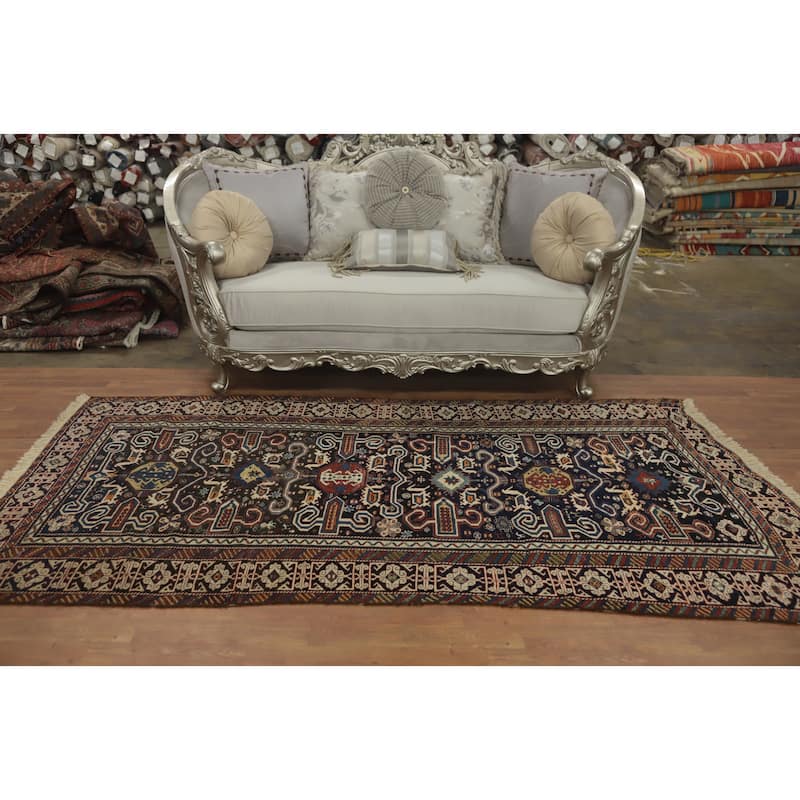 Hand Knotted Oriental 100% Wool Carpet Traditional Tribal Navy Blue & Blues Kazak Runner Rug - 8' 11'' X 4' 5''