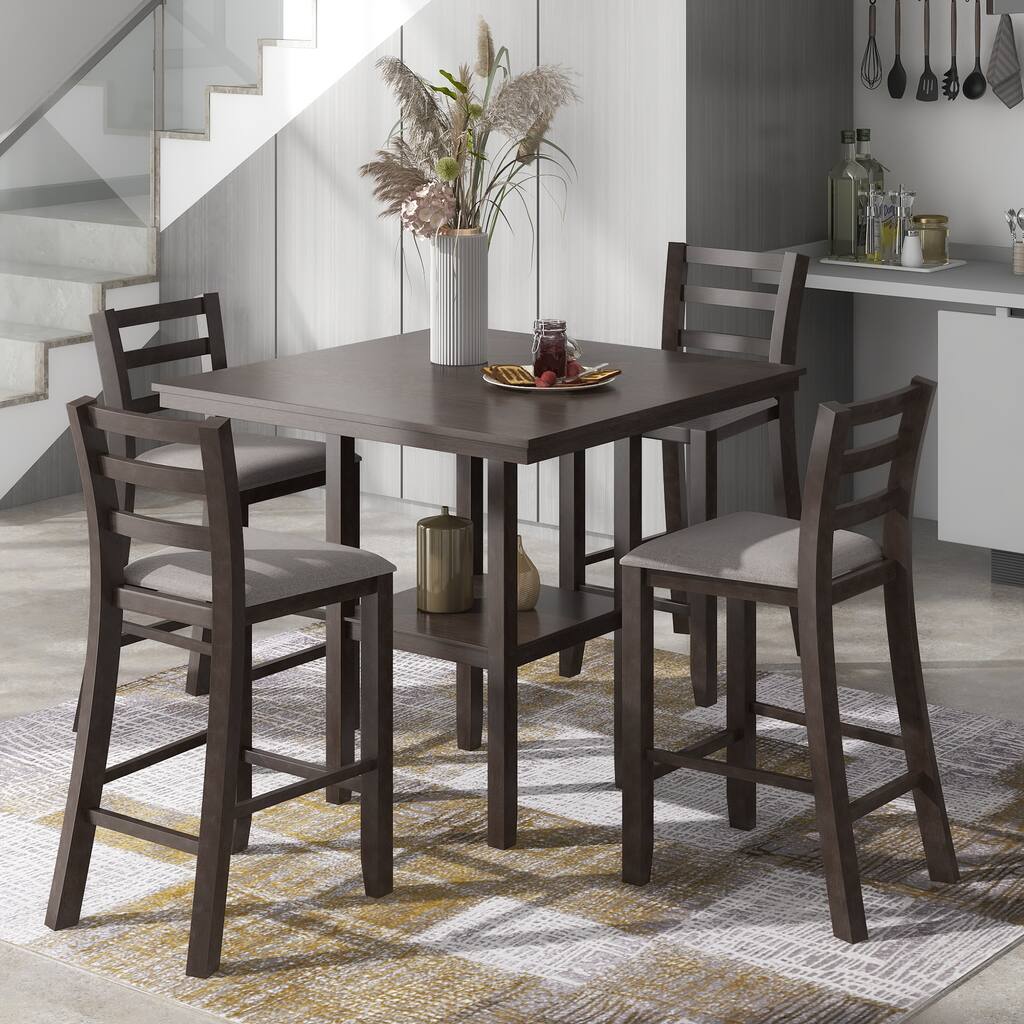 Espresso 5-Piece Counter Height Dining Set with Padded Chairs and Storage Shelving
