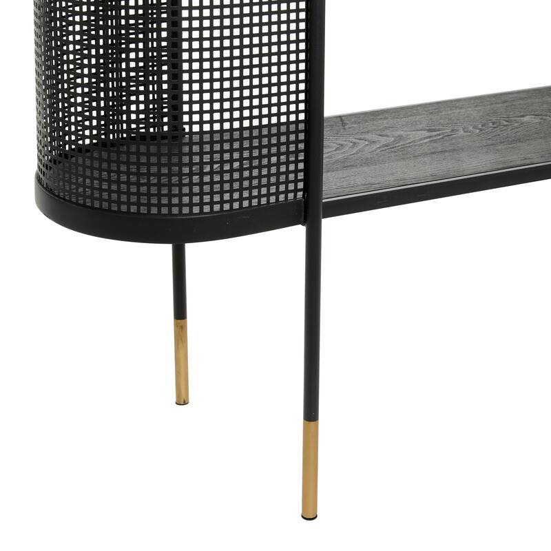 Black Metal Mesh Side Panel 1 Shelf Console Table with Open Center Storage