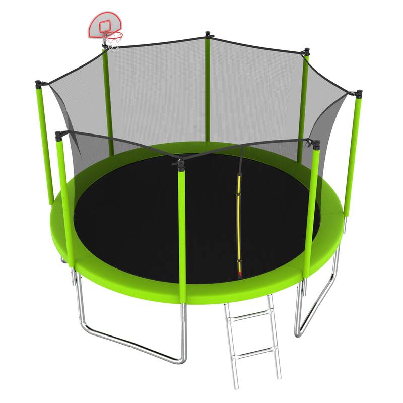 12FT Trampoline Green for Kids Adults with Basketball Hoop and Ball, Recreational Trampolines with Safety Enclosure for Yard